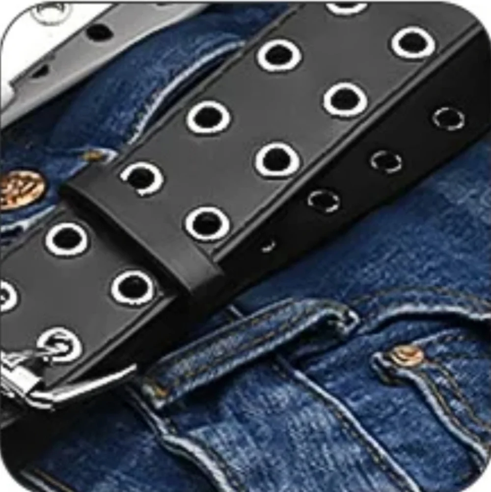 Black Belt Double Grommet Faux Leather Punk Belt for Women & Men, Small 39